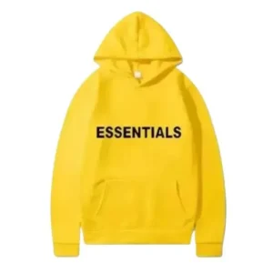 Vista frontal de la Sudadera Essentials Amarilla con capucha, tejido premium, corte relajado y estilo urbano.
