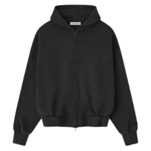 sudadera con capucha y cremallera completa Black Fear of God Essentials, tejido premium y diseño minimalista.