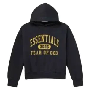 Sudadera negra con capucha con "ESSENTIALS" en amarillo, número 2026 en óvalo y "FEAR OF GOD" debajo, con diseño urbano moderno y ajuste relajado Fear of God Essentials Sudadera Logo Amarillo