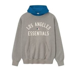 Vista frontal de la sudadera deportiva Essentials Dodgers con capucha, tejido premium y diseño urbano.