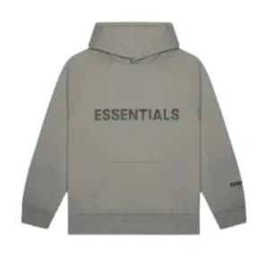 Essentials Hoodie in Grey sudadera con capucha con logo ESSENTIALS en negro en el pecho y en la manga izquierda