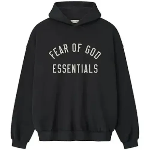 Essentials fear of god sudadera Sudadera negra Black Hoodie con logo FEAR OF GOD ESSENTIALS en letras blancas grandes, diseño casual y moderno de estilo streetwear y tendencia de moda urbana.
