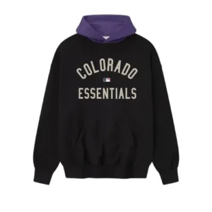 Vista frontal de la sudadera con capucha Essentials Rockies, confeccionada en algodón premium con corte oversize y estilo deportivo.