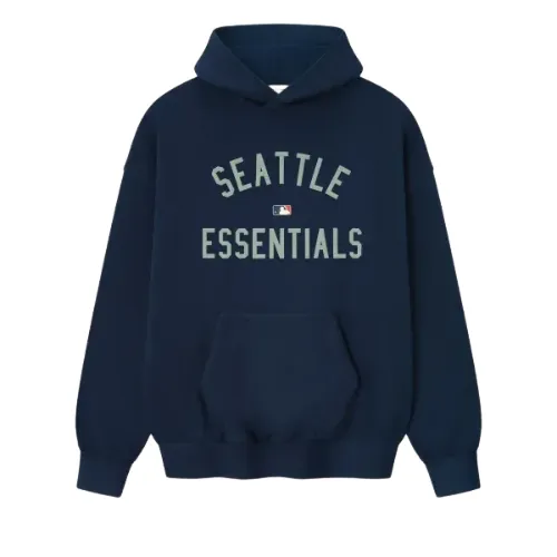 Sudadera con capucha Essentials Seattle Sudadera con capucha azul oscuro con la frase “Seattle Essentials” en grandes letras blancas en el pecho y un pequeño logo de la MLB debajo. Estilo casual y deportivo.Sudadera con capucha Essentials Seattle