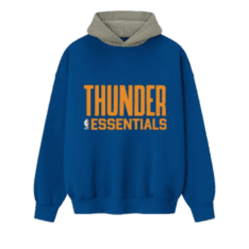 Sudadera con capucha Trueno Essentials Blue Hoodie Sudadera con capucha Trueno Essentials blue hoodie con texto THUNDER ESSENTIALS en naranja y capucha gris estilo urbano