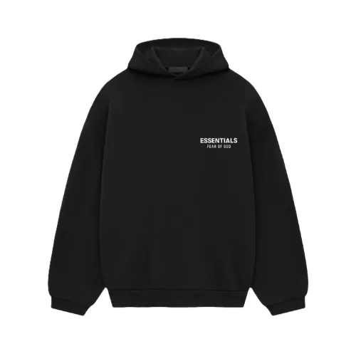 Sudadera con capucha clásica de forro polar Essentials Sudadera negra con el texto “ESSENTIALS FEAR OF GOD” en blanco en el pecho. El diseño es minimalista y transmite un estilo moderno, urbano y casual.Sudadera con capucha clásica de forro polar Essentials