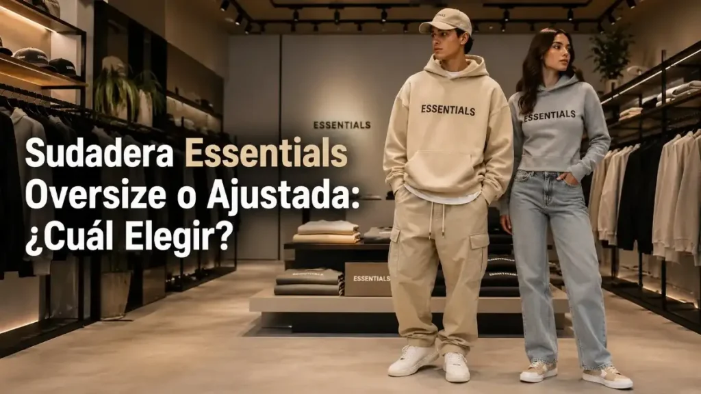 Sudadera Essentials Oversize o Ajustada: hombre con sudadera oversize beige y mujer con sudadera ajustada gris comparando ambos estilos en una tienda de moda urbana.