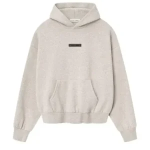 Parte trasera de la Fear of God Essentials Classic Hoodie con logotipo ESSENTIALS y capucha en color Heather Stone