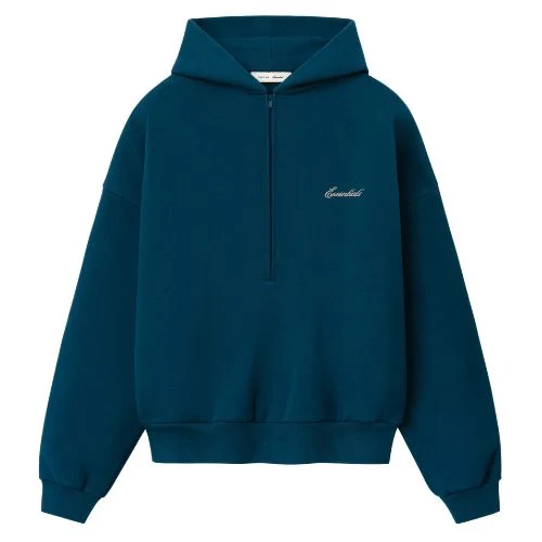 Half Zip Essentials Sudadera Signature Lounge Half Zip Essentials Sudadera verde azulado oscuro con capucha, media cremallera y logotipo bordado