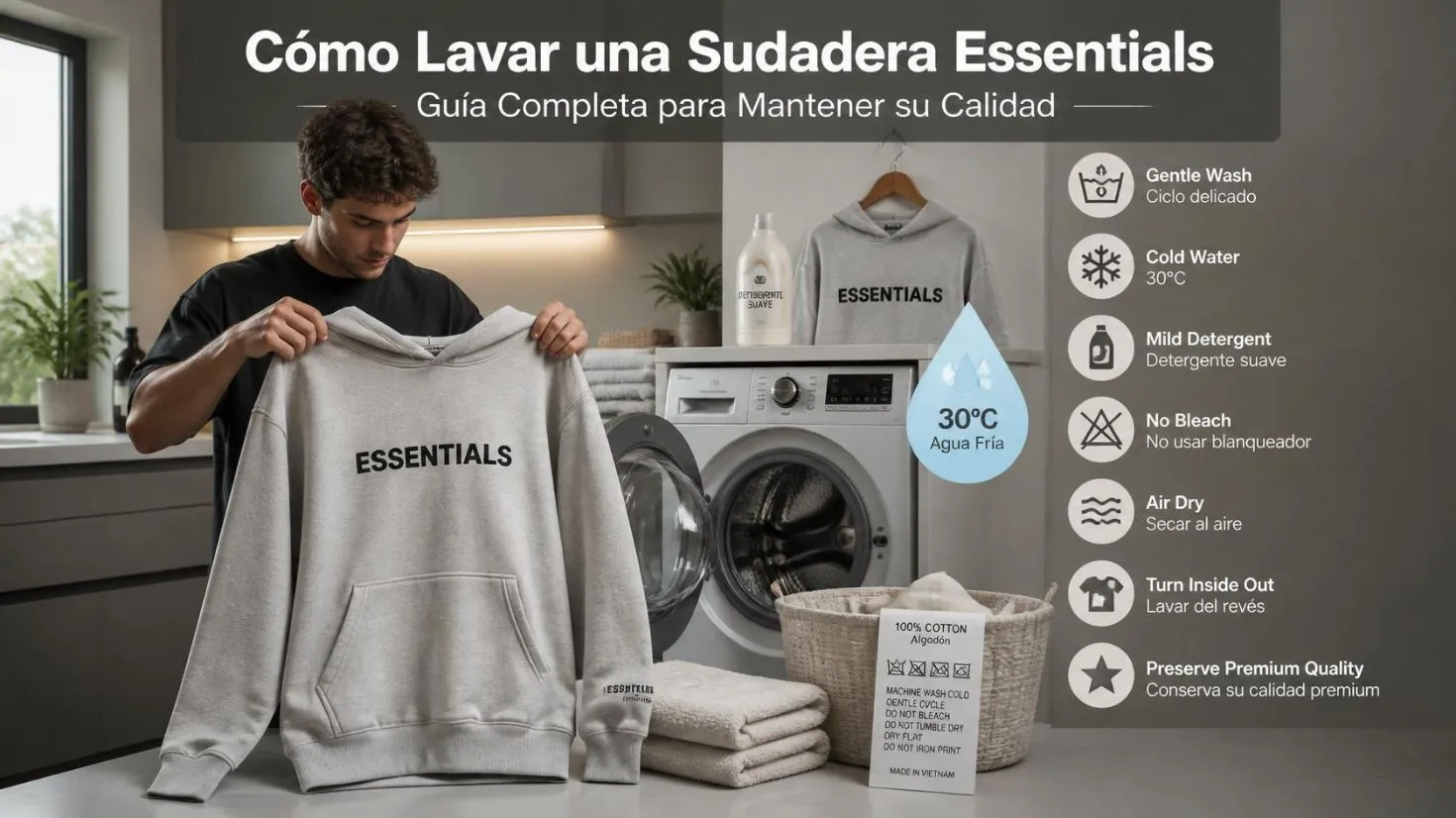 Cómo Lavar una Sudadera Essentials: Guía Completa mostrando una sudadera Essentials gris durante un lavado con agua fría, detergente suave y secado al aire para conservar su calidad.
