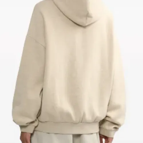 Grey hoodie with "ESSENTIALS" printed in black on the chest, featuring a front pocket and drawstring hood, offering a casual and comfortable minimalist style back side