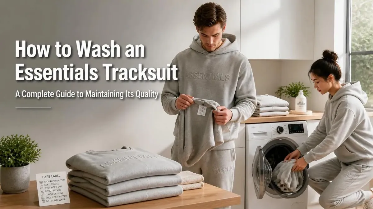How to Wash an Essentials Tracksuit correctly with an Essentials hoodie and sweatpants in a modern laundry room to maintain quality, softness, and durability.