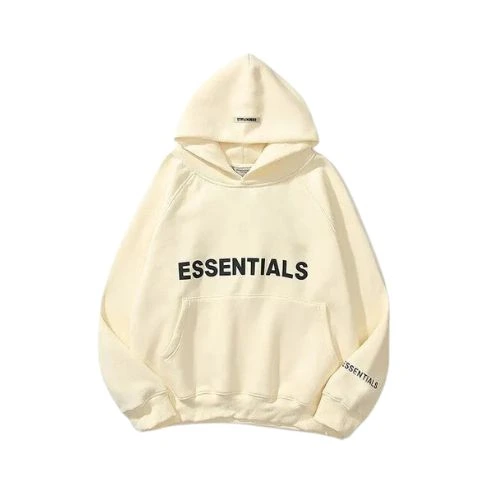 Vista frontal de la sudadera con capucha extragrande ESSENTIALS en color crema, confeccionada con algodón premium y ajuste oversize.