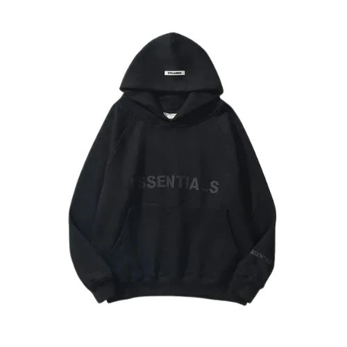 Vista frontal de la sudadera con capucha extragrande ESSENTIALS negra, confeccionada en algodón premium con corte oversize y diseño urbano.