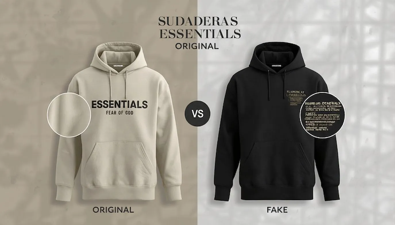 Sudadera Essentials Original vs Fake: comparación entre una sudadera auténtica y una falsificación, destacando las diferencias en el logotipo, las etiquetas, las costuras y la calidad del tejido.