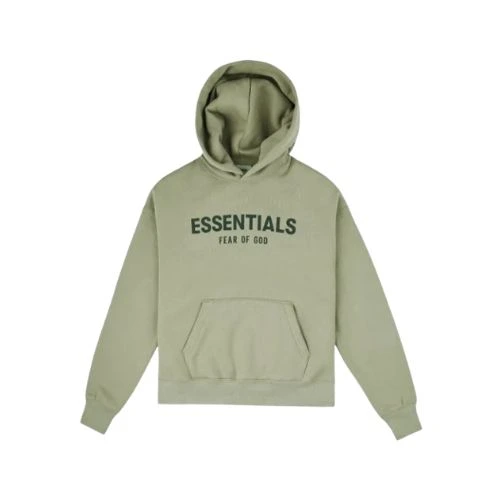 Sudadera con capucha Essentials Fear of God MOS (3) Vista frontal de la sudadera con capucha Essentials Fear of God Moss en tono verde oliva, confeccionada con tejido premium y corte oversize.