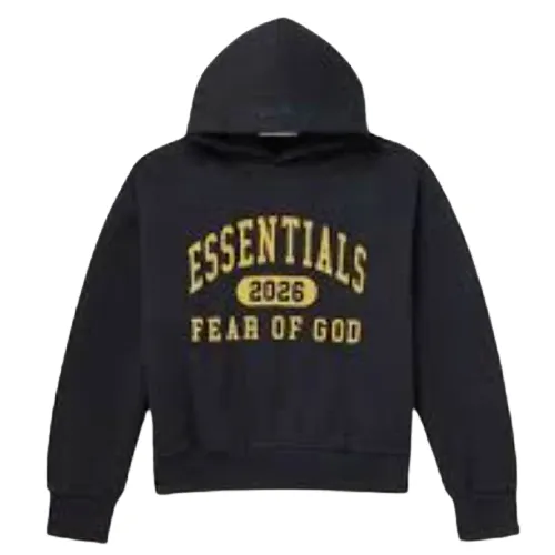 Sudadera negra con capucha con "ESSENTIALS" en amarillo, número 2026 en óvalo y "FEAR OF GOD" debajo, con diseño urbano moderno y ajuste relajado Fear of God Essentials Sudadera Logo Amarillo