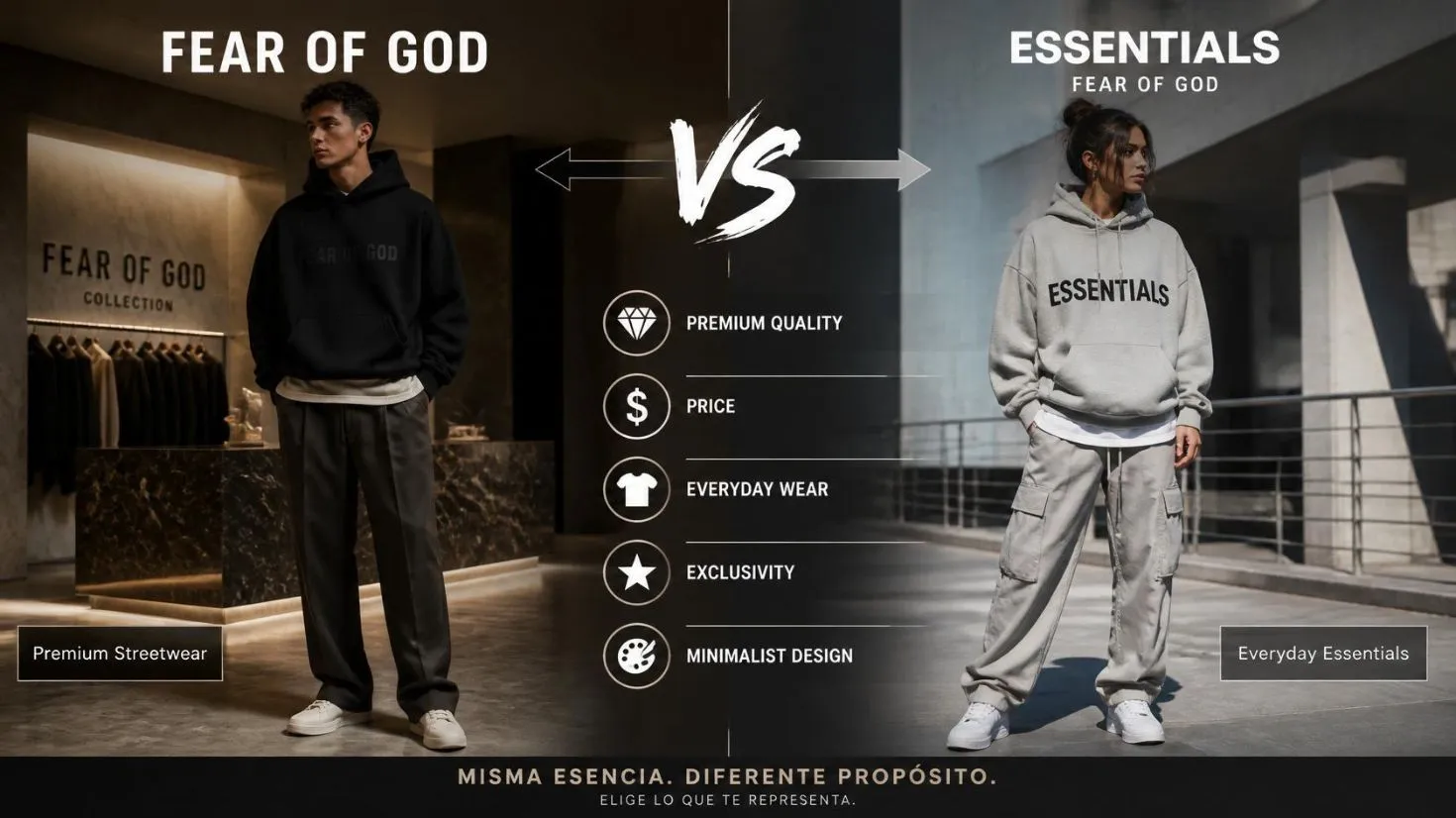 Comparación entre FEAR OF GOD y Essentials mostrando dos sudaderas oversize con estilos premium y streetwear.