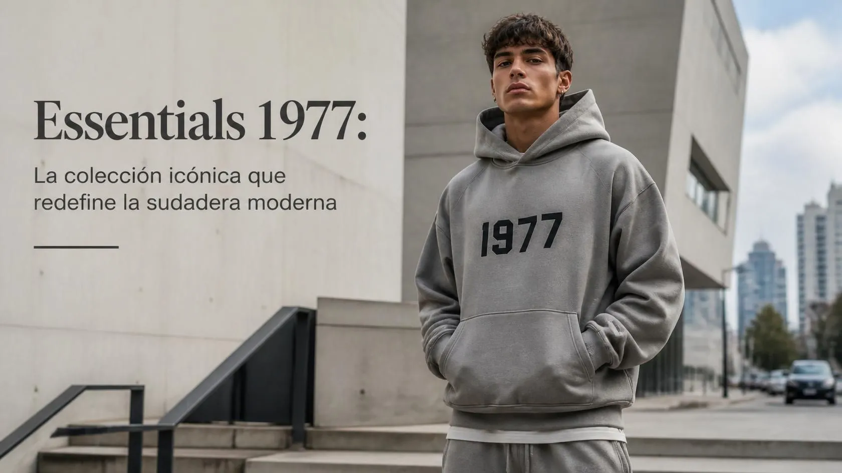 Essentials 1977 sudadera gris con diseño minimalista y estilo streetwear moderno para hombre.
