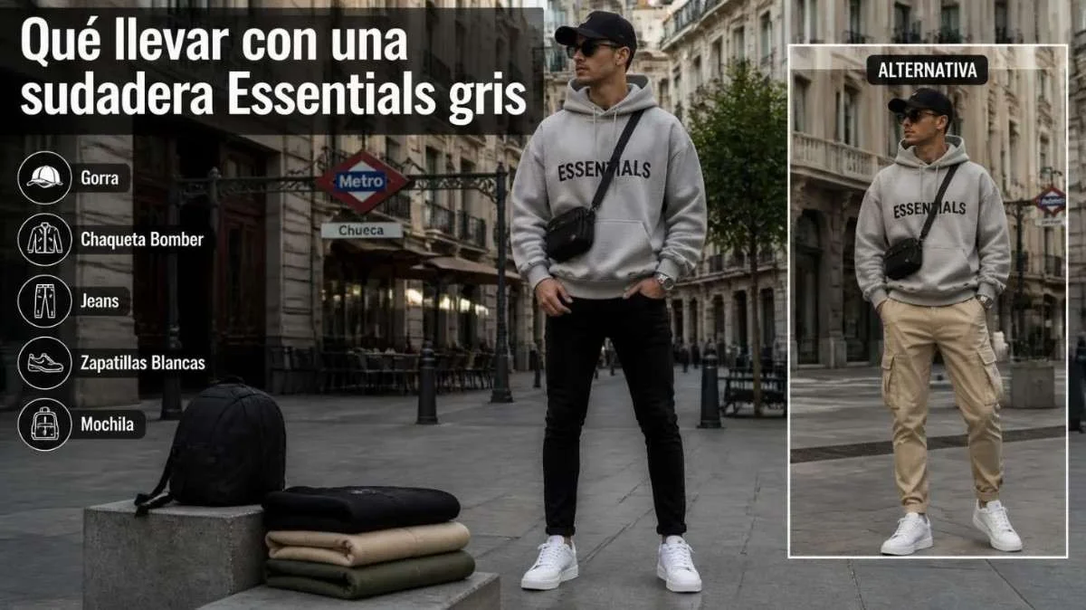 Hombre con una sudadera Essentials gris combinada con jeans negros, zapatillas blancas y accesorios de estilo streetwear.