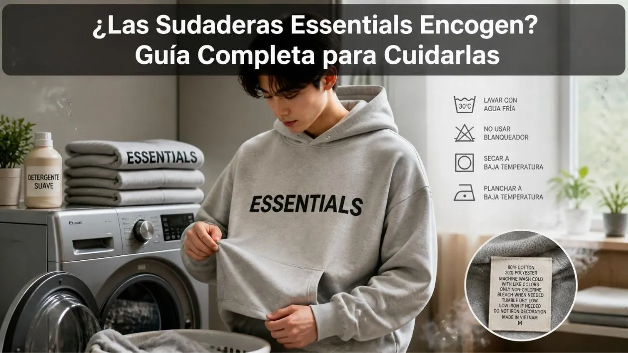 Sudaderas Essentials de color gris siendo lavadas correctamente para evitar que encojan y mantener su calidad.