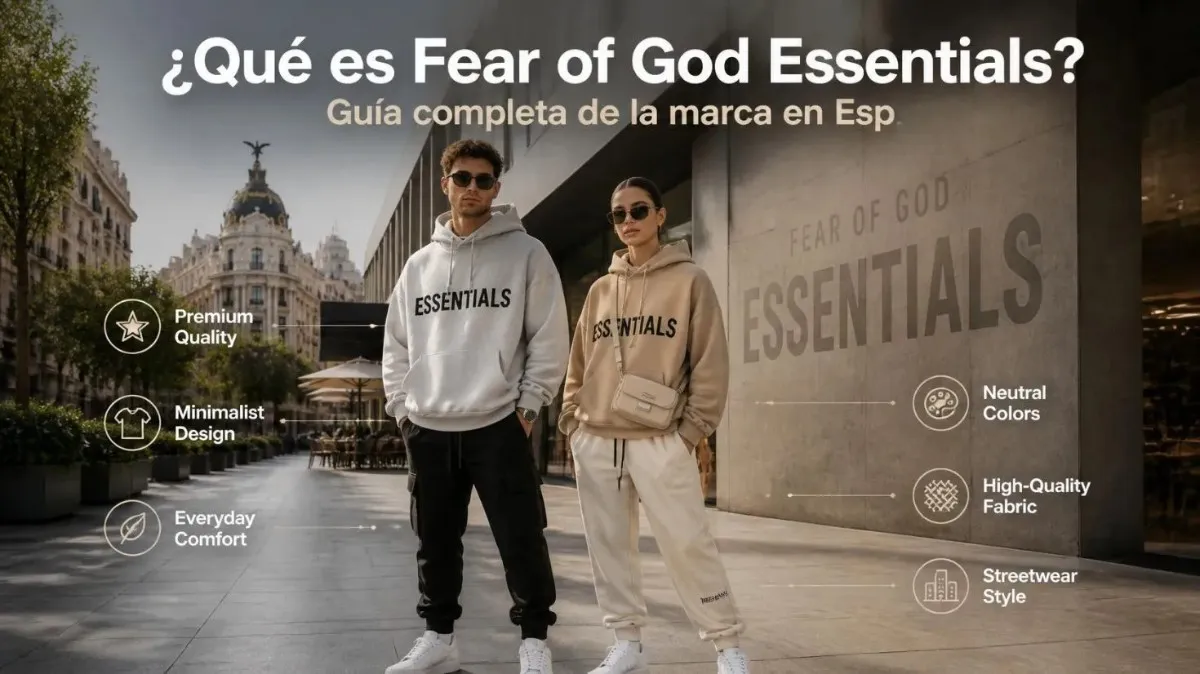 Imagen que representa la esencia de Fear of God Essentials como una marca referente del streetwear contemporáneo. Muestra a modelos con sudaderas oversize y conjuntos Essentials en tonos neutros, reflejando la combinación de diseño minimalista, materiales de alta calidad, comodidad y versatilidad. La escena transmite un estilo urbano premium inspirado en la filosofía de Jerry Lorenzo, destacando por qué Fear of God Essentials sigue siendo una de las mejores opciones para quienes buscan moda atemporal y funcional en España.