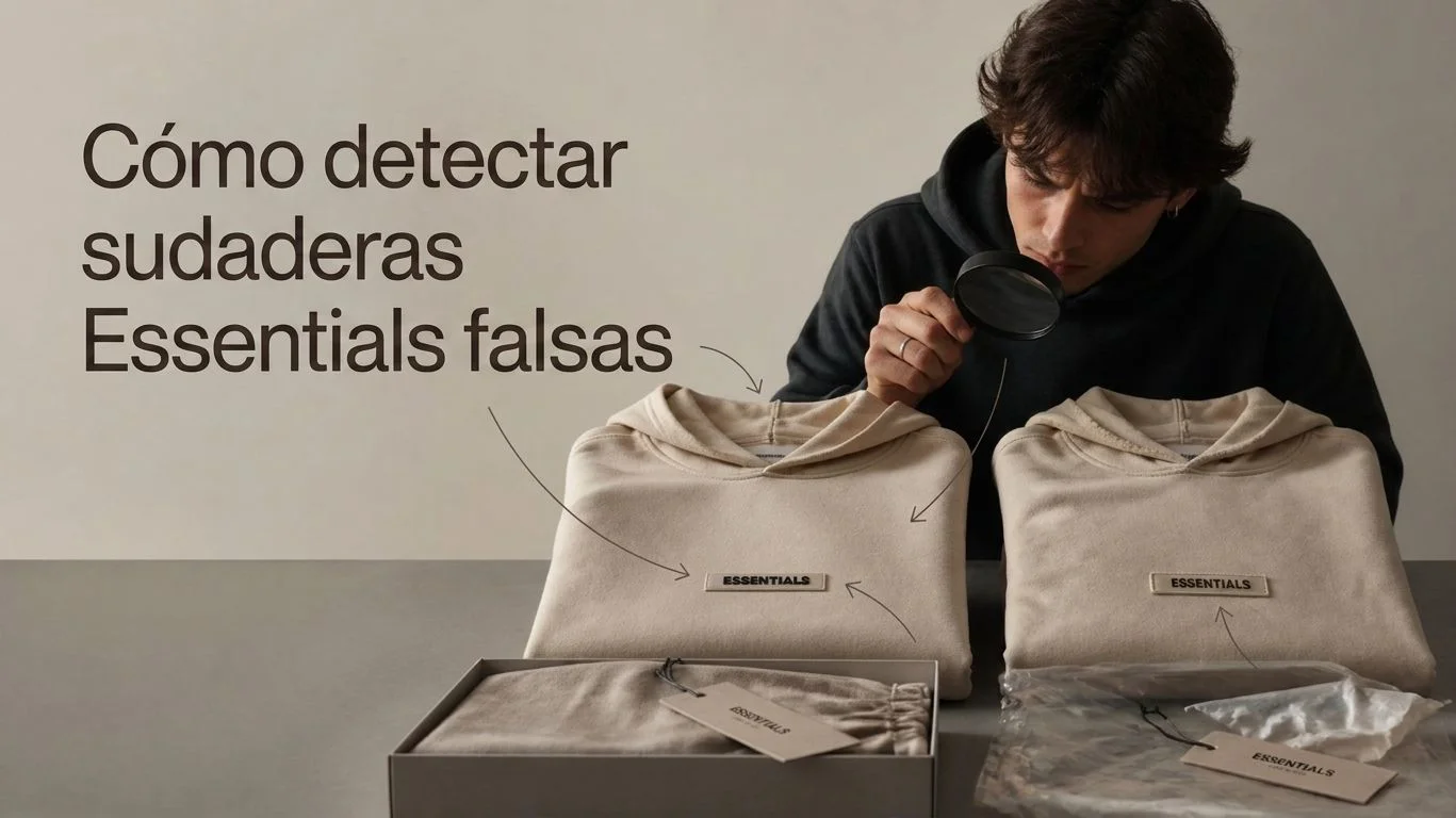 Comparación entre una sudadera Essentials original y una falsa mientras un comprador inspecciona los detalles para aprender cómo detectar sudaderas Essentials falsas.