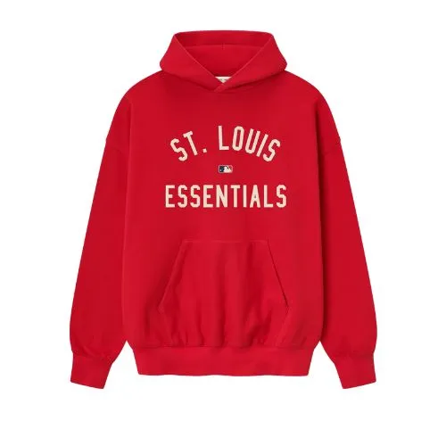 Sudadera con capucha roja Essentials ST Louis sudadera con capucha roja Essentials ST Louis, confeccionada en algodón premium con corte oversize, diseño deportivo y acabado de alta calidad.