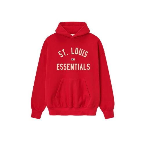 Vista frontal de la sudadera con capucha roja Essentials ST Louis, tejido premium, corte relajado y estilo urbano.