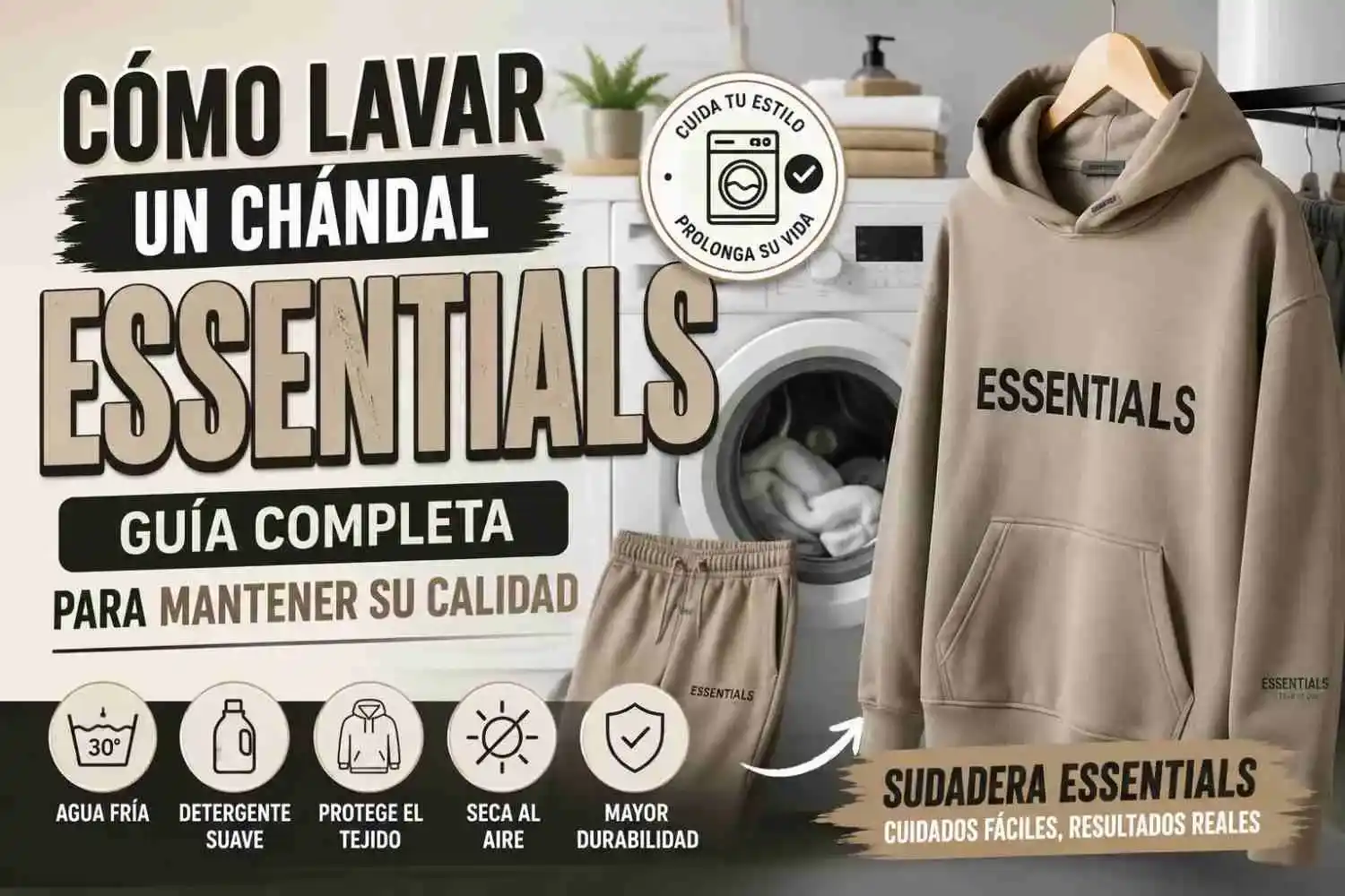 Cómo Lavar una Sudadera Essentials: guía para limpiar correctamente un chándal Essentials sin dañar la tela, el logotipo ni la calidad del tejido.
