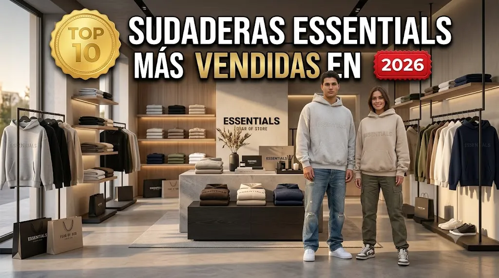 Top 10 Sudaderas Essentials Más Vendidas en 2026 displayed in a modern Essentials clothing store with best-selling hoodies and customers.