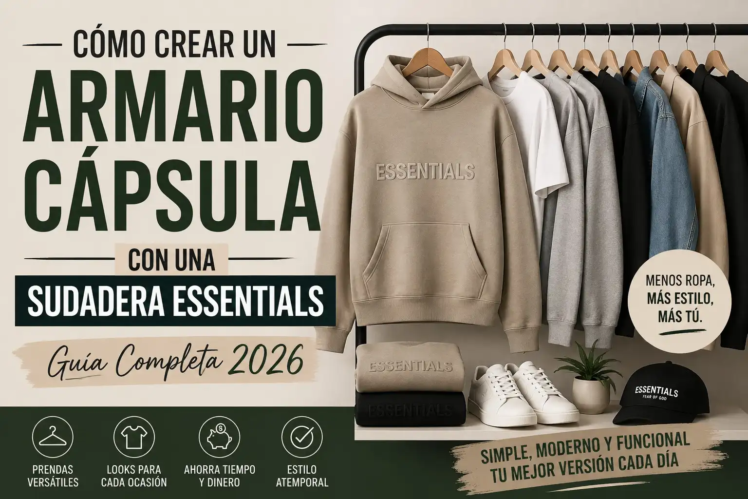 Armario Cápsula con una Sudadera Essentials con prendas básicas, Camiseta Essentials y looks minimalistas para un estilo moderno en 2026